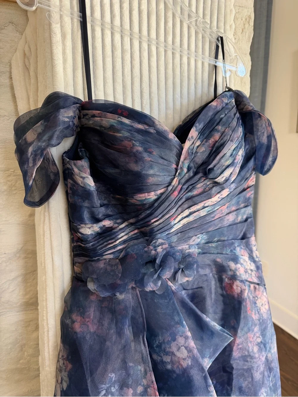 Navy Floral Strapless Evening Gown with Ruffle Detail - Picture 2 of 11